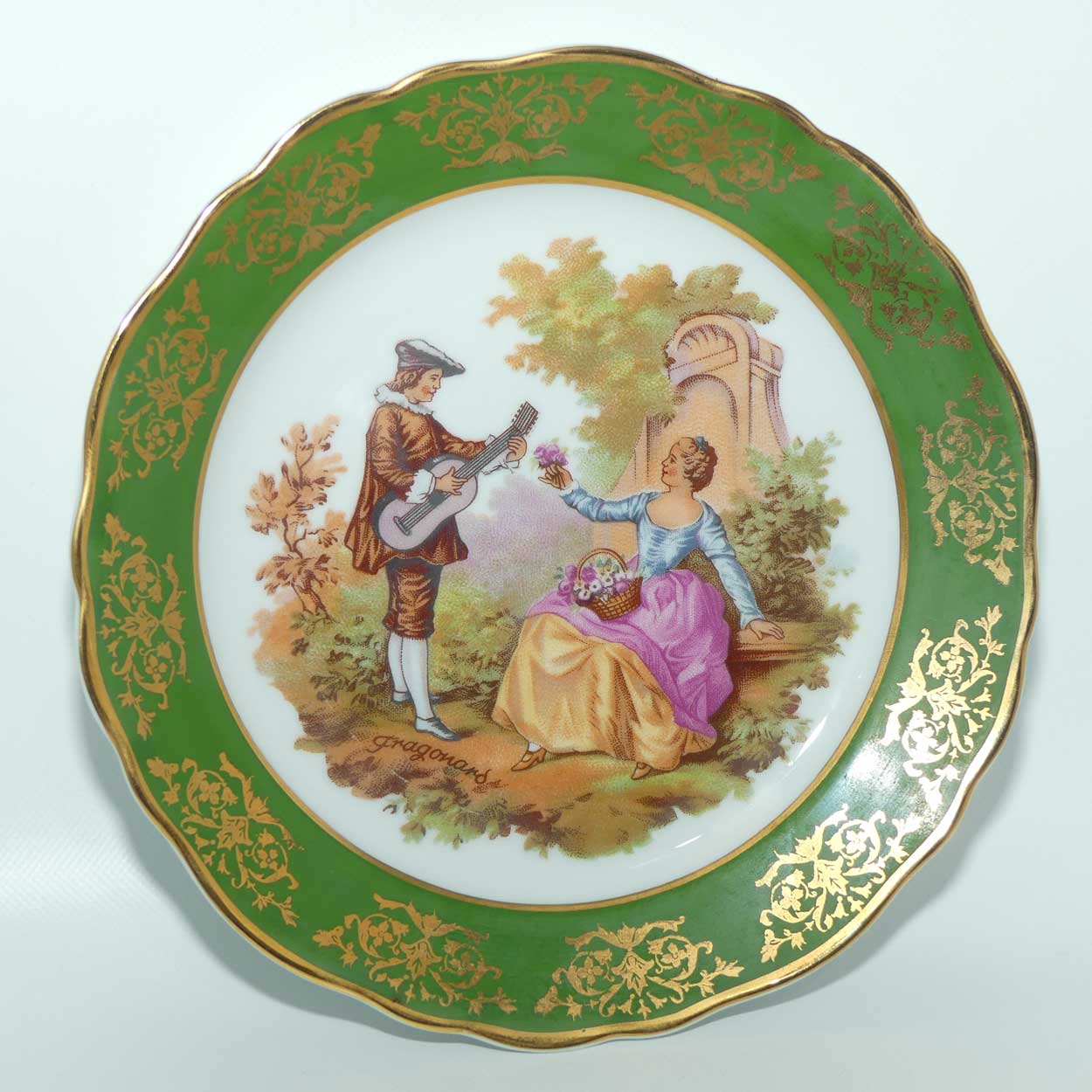 Limoges France Courting Couple plate | Green and Gilt Border | 19cm | signed Fragonard
