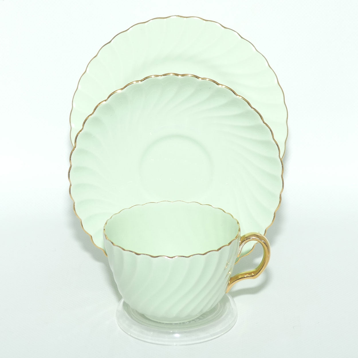 Minton Bone China Sage Green tea trio with Gilt Trim | Swirl design