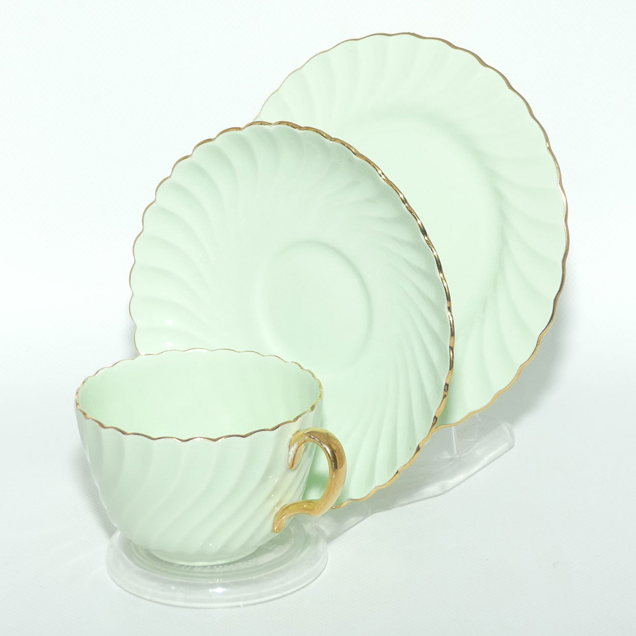 Minton Bone China Sage Green tea trio with Gilt Trim | Swirl design