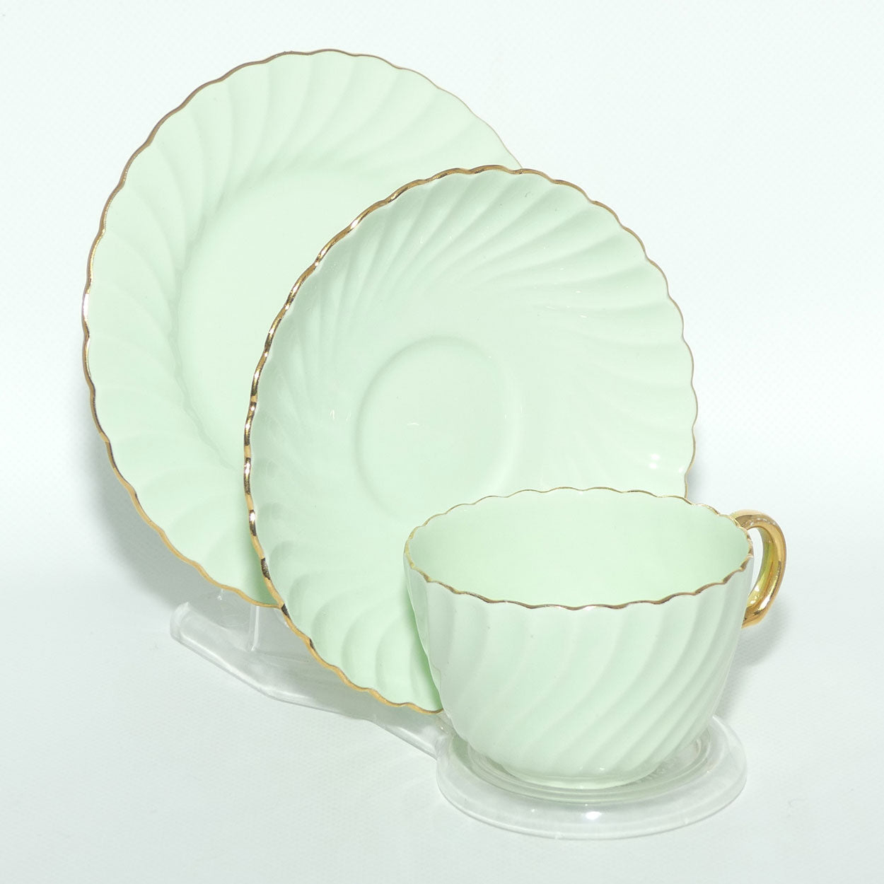 Minton Bone China Sage Green tea trio with Gilt Trim | Swirl design
