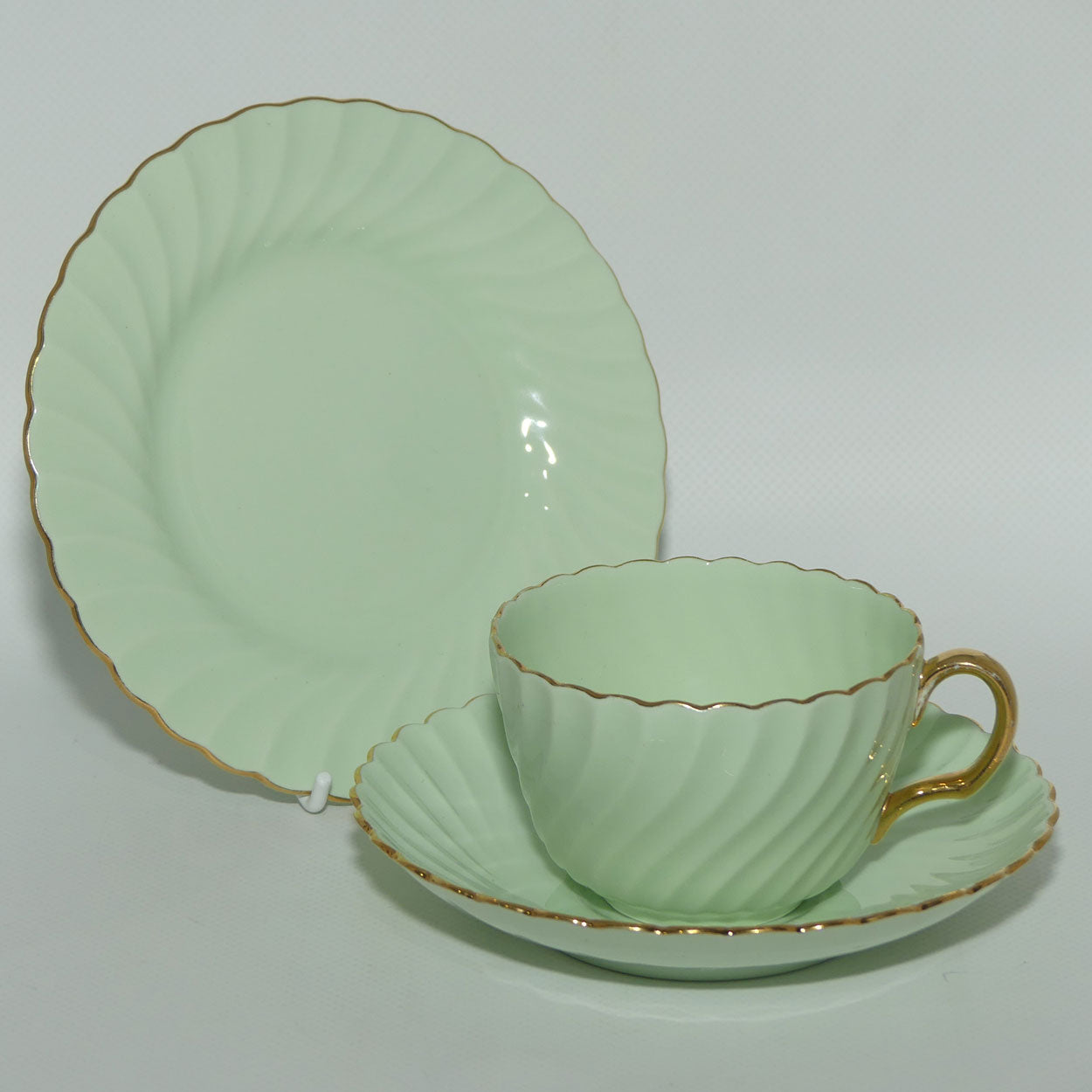 Minton Bone China Sage Green tea trio with Gilt Trim | Swirl design