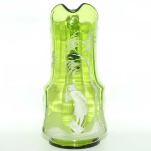 Green Mary Gregory tall glass jug depicting a young girl on swing