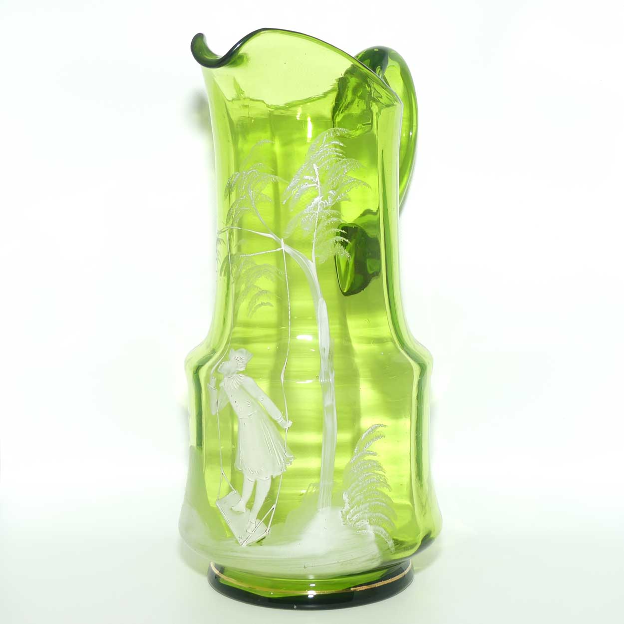 Green Mary Gregory tall glass jug depicting a young girl on swing