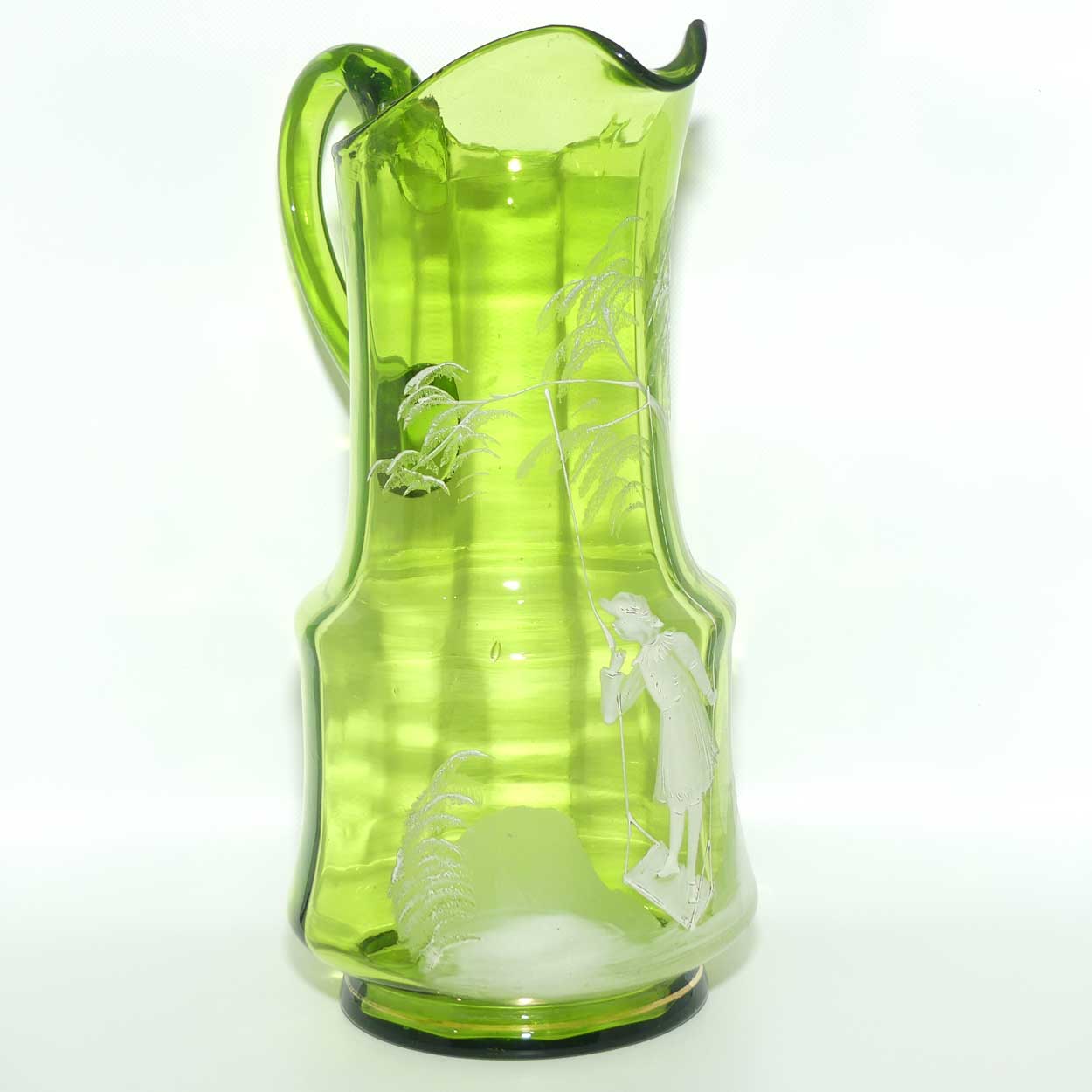 Green Mary Gregory tall glass jug depicting a young girl on swing