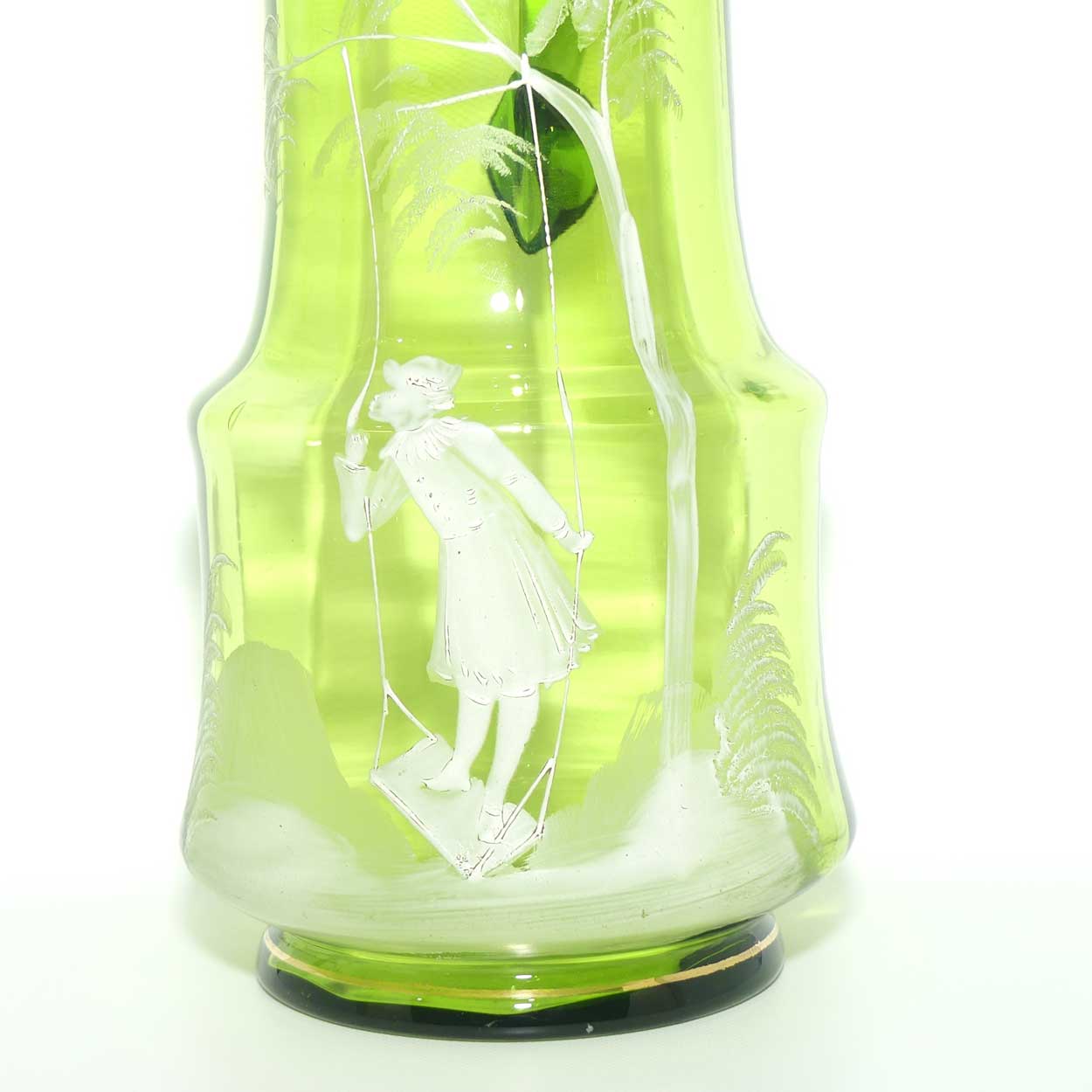 Green Mary Gregory tall glass jug depicting a young girl on swing