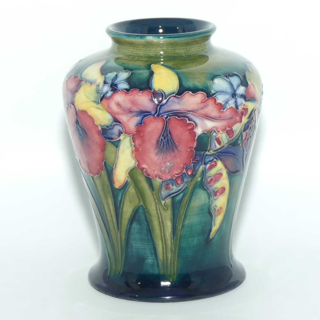 Walter Moorcroft Orchid on Light Green transition to Blue Ground tapering vase