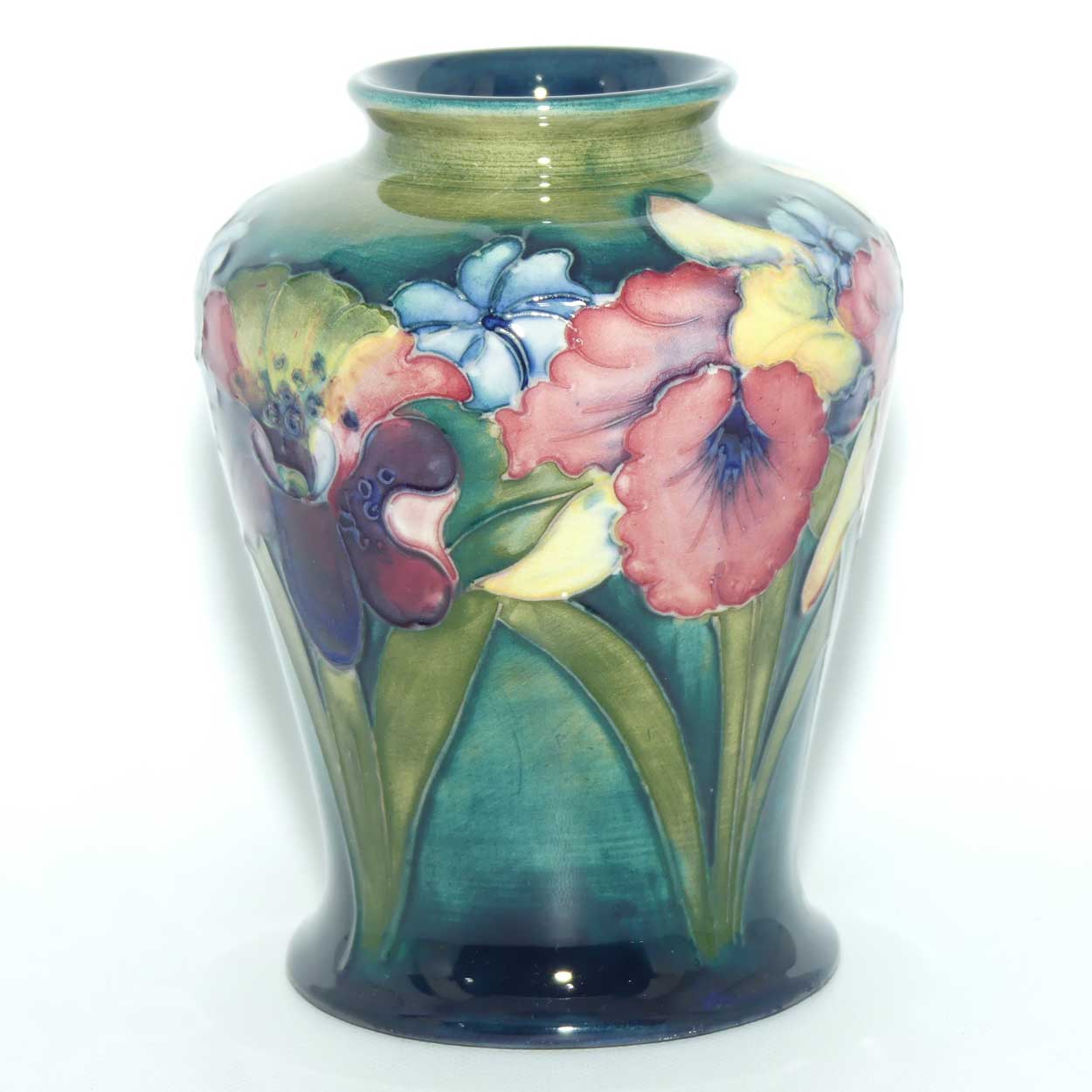 Walter Moorcroft Orchid on Light Green transition to Blue Ground tapering vase