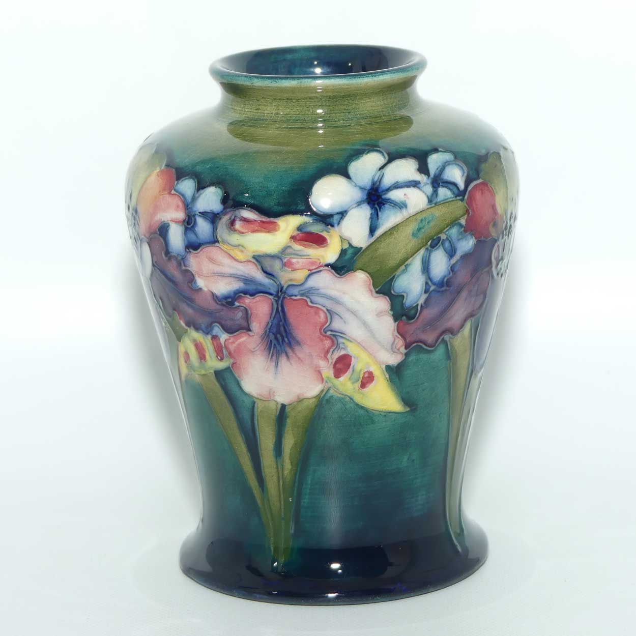 Walter Moorcroft Orchid on Light Green transition to Blue Ground tapering vase