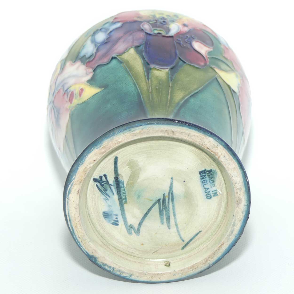 Walter Moorcroft Orchid on Light Green transition to Blue Ground tapering vase