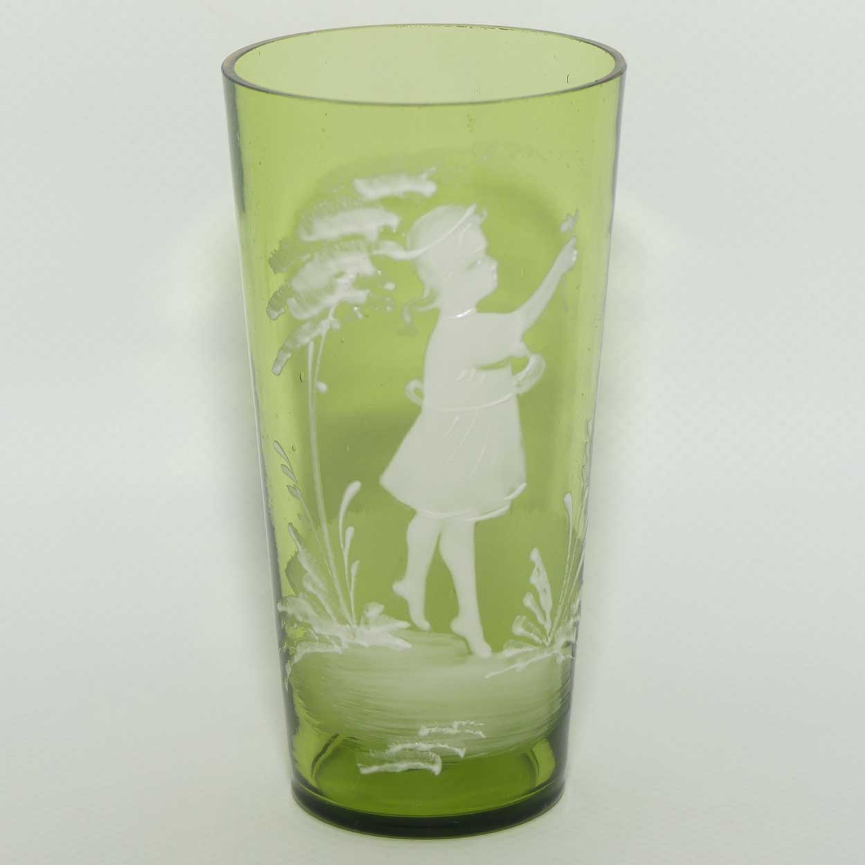 Mary Gregory on Green glass tumbler | Girl with Flower