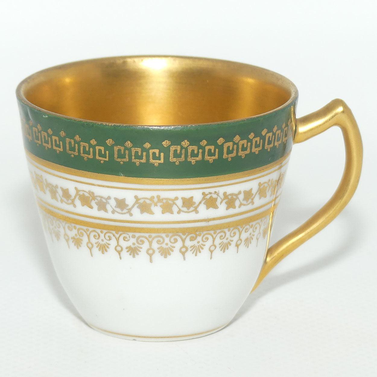 Fine demi tasse duo | Green trim with Gilt Overlay and Gilt Interior