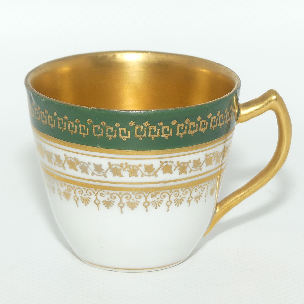 Fine demi tasse duo | Green trim with Gilt Overlay and Gilt Interior