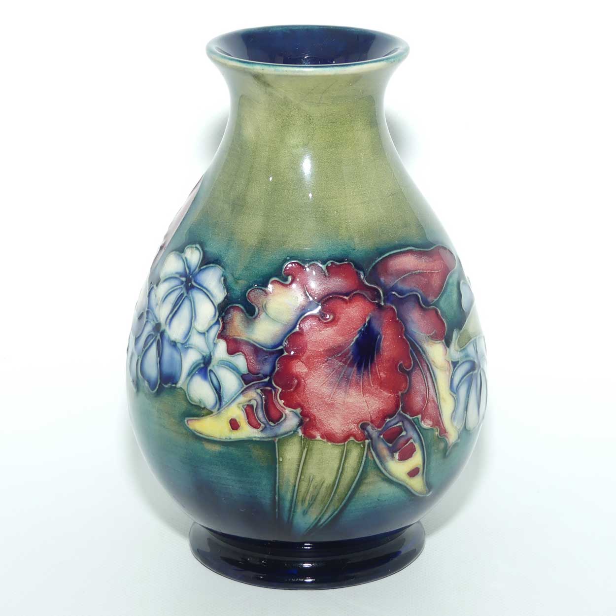 Walter Moorcroft Orchid on Light Green transition to Blue Ground vase | Shape 7