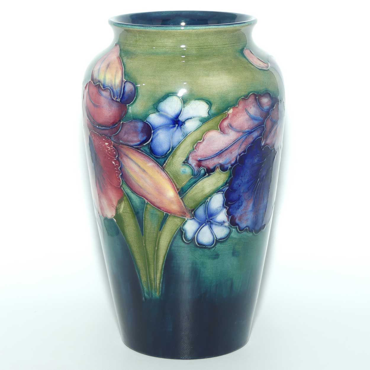 Walter Moorcroft Orchid on Light Green transition to Blue Ground vase | 21cm