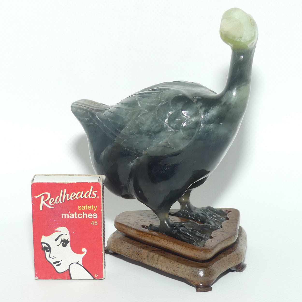 Mid 20th Century Chinese Nephrite Green Jade Guinea Fowl on stand