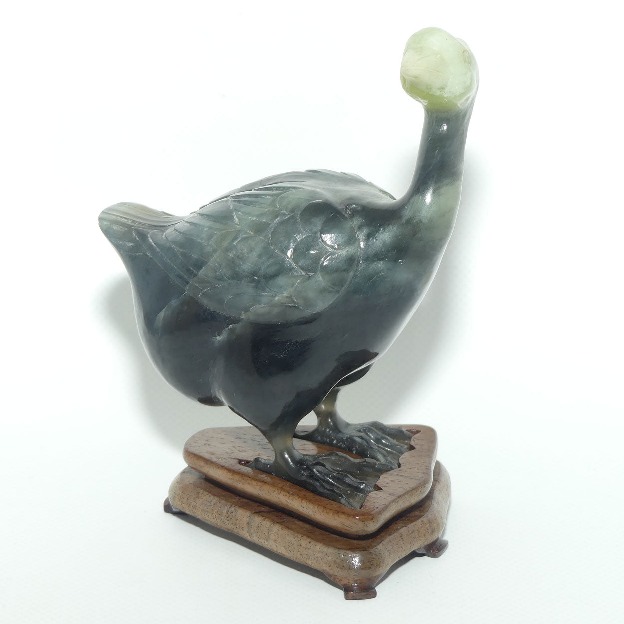 Mid 20th Century Chinese Nephrite Green Jade Guinea Fowl on stand