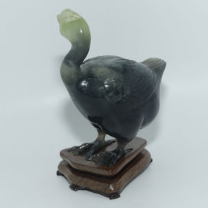 Mid 20th Century Chinese Nephrite Green Jade Guinea Fowl on stand