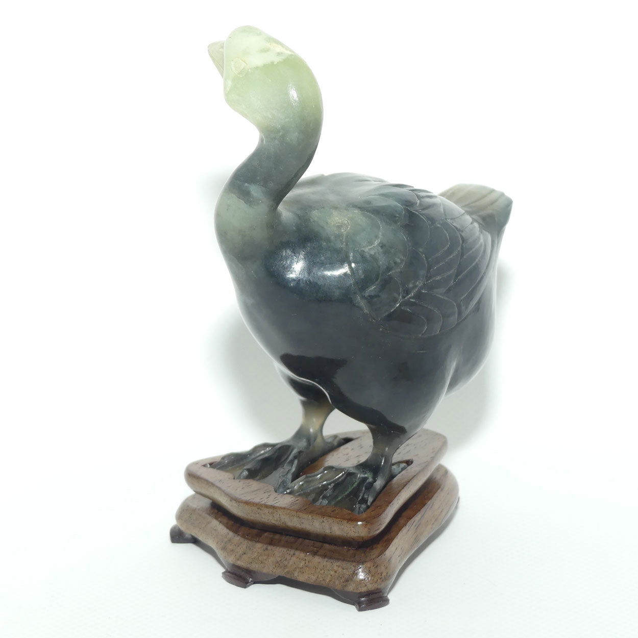 Mid 20th Century Chinese Nephrite Green Jade Guinea Fowl on stand