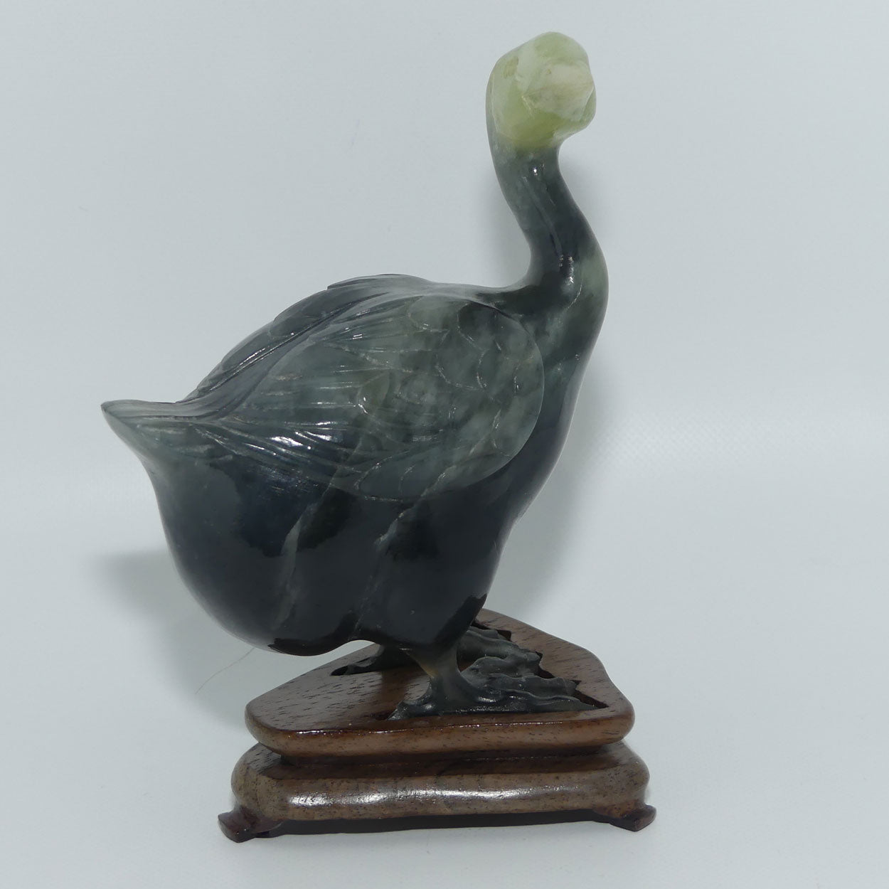 Mid 20th Century Chinese Nephrite Green Jade Guinea Fowl on stand