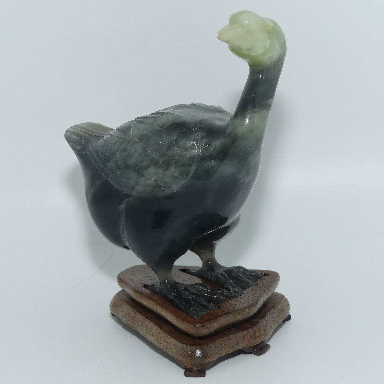 Mid 20th Century Chinese Nephrite Green Jade Guinea Fowl on stand