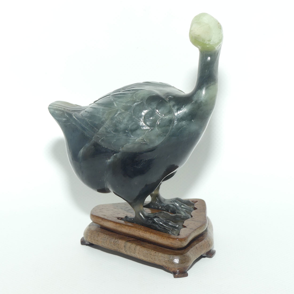 Mid 20th Century Chinese Nephrite Green Jade Guinea Fowl on stand
