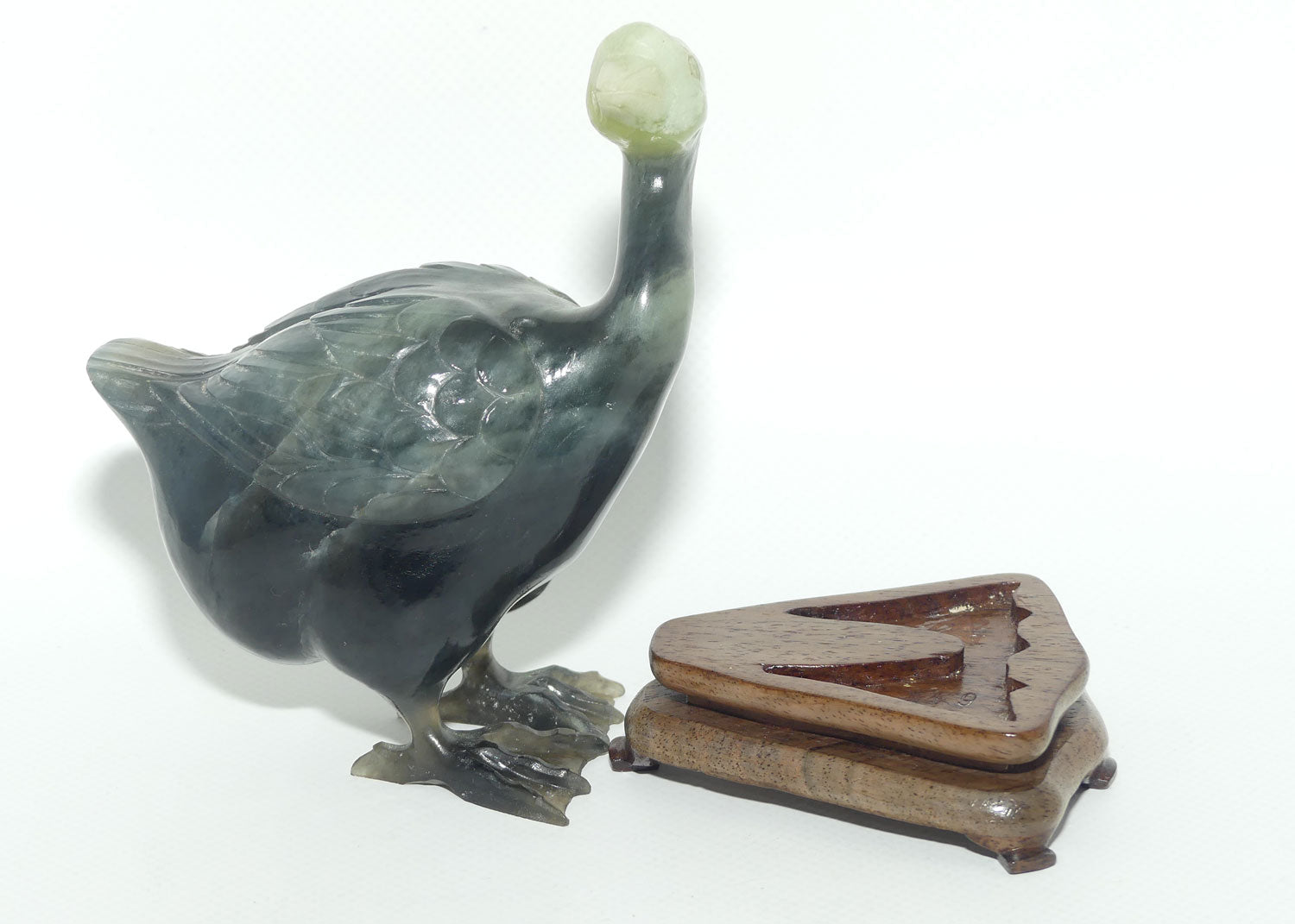 Mid 20th Century Chinese Nephrite Green Jade Guinea Fowl on stand