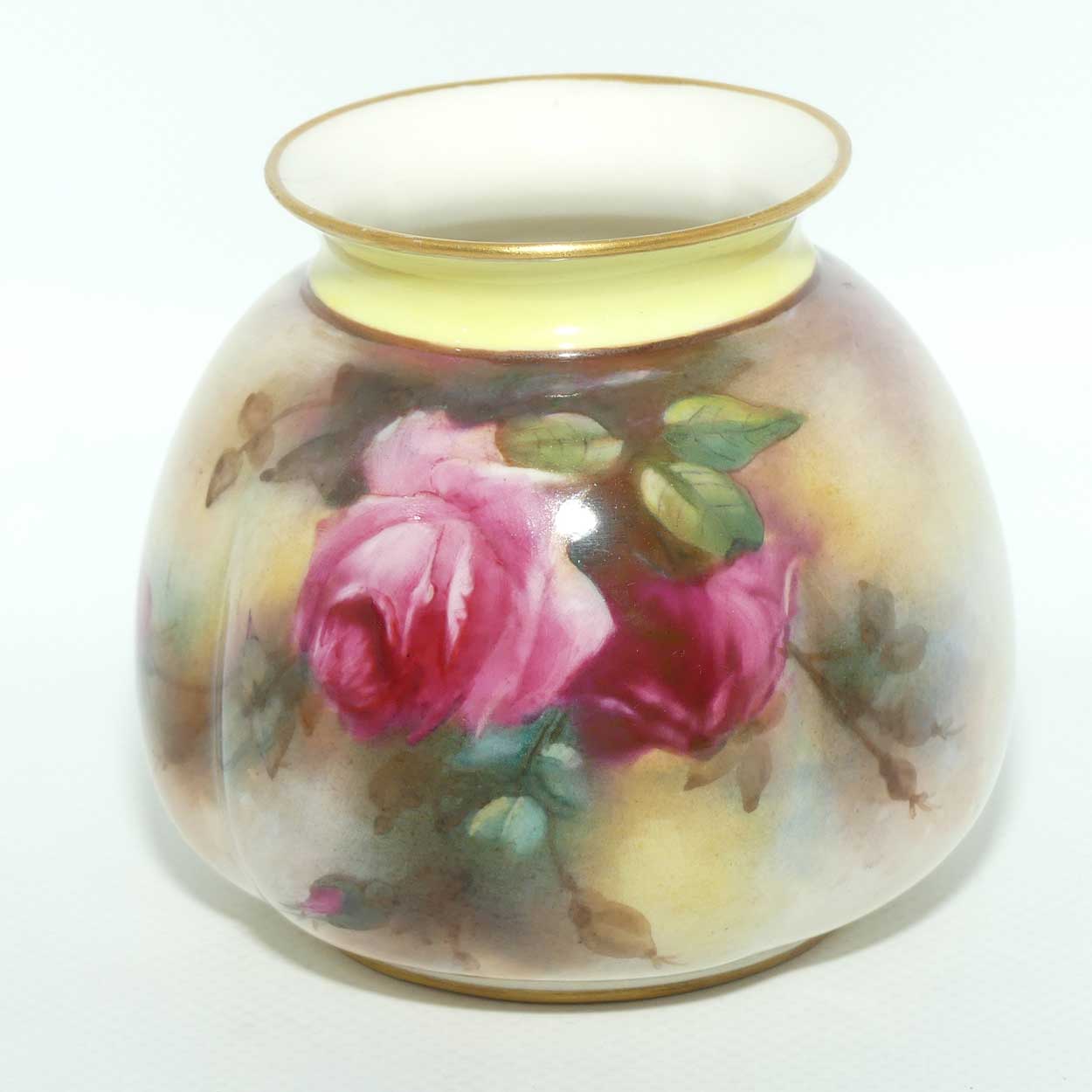 Royal Worcester hand painted Hadley Roses squat vase | Yellow trim | c.1904