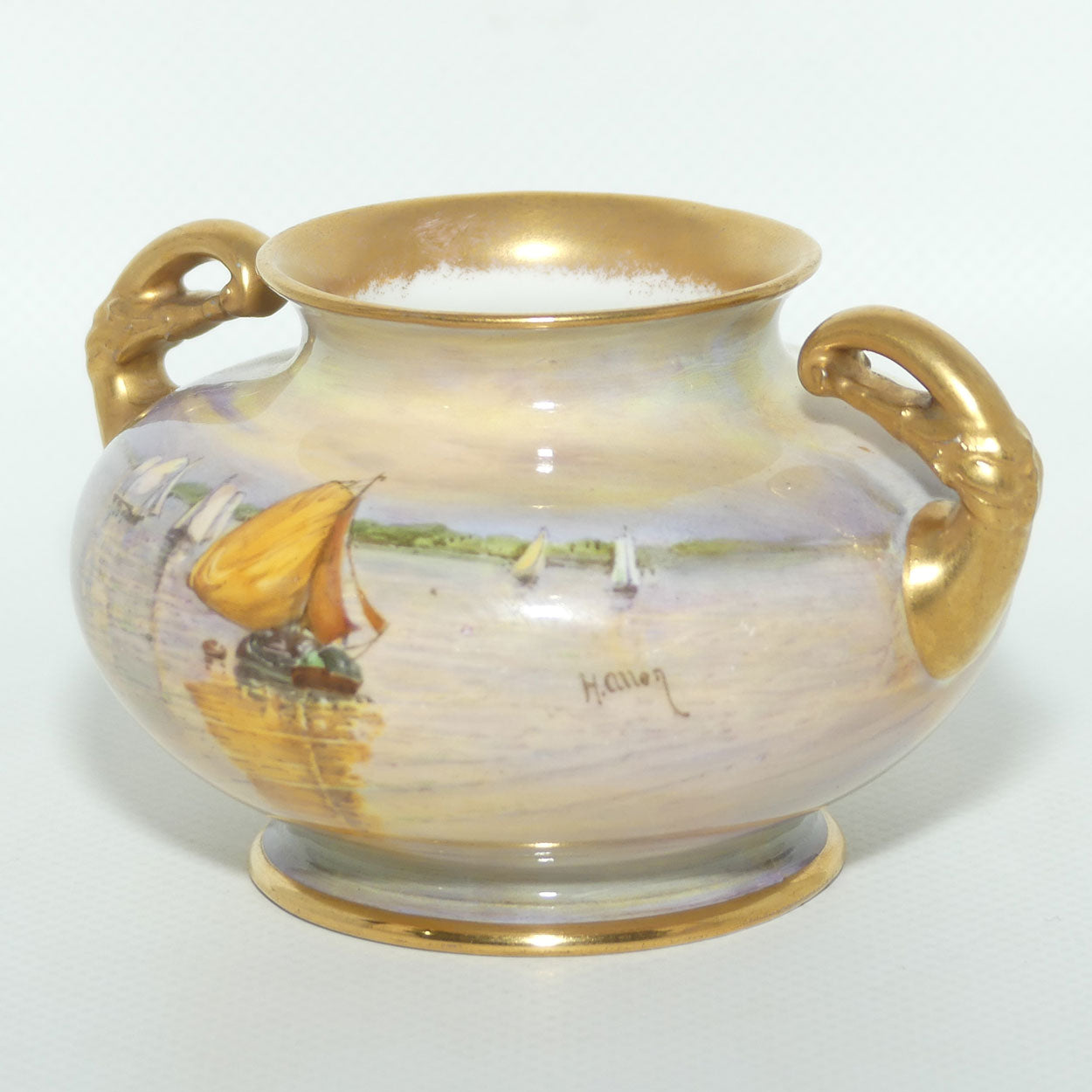 Royal Doulton hand painted and gilt Sailboats twin handled vase | H Allen