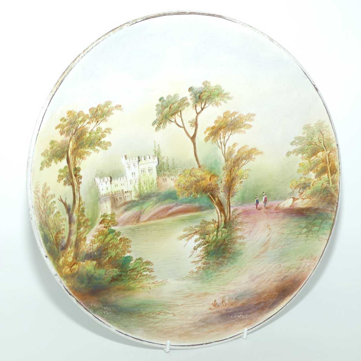 English Staffordshire plaque with hand painted Harewood Castle | Lumby Castle scene signed Henry Harry Sampson Hancock 1902