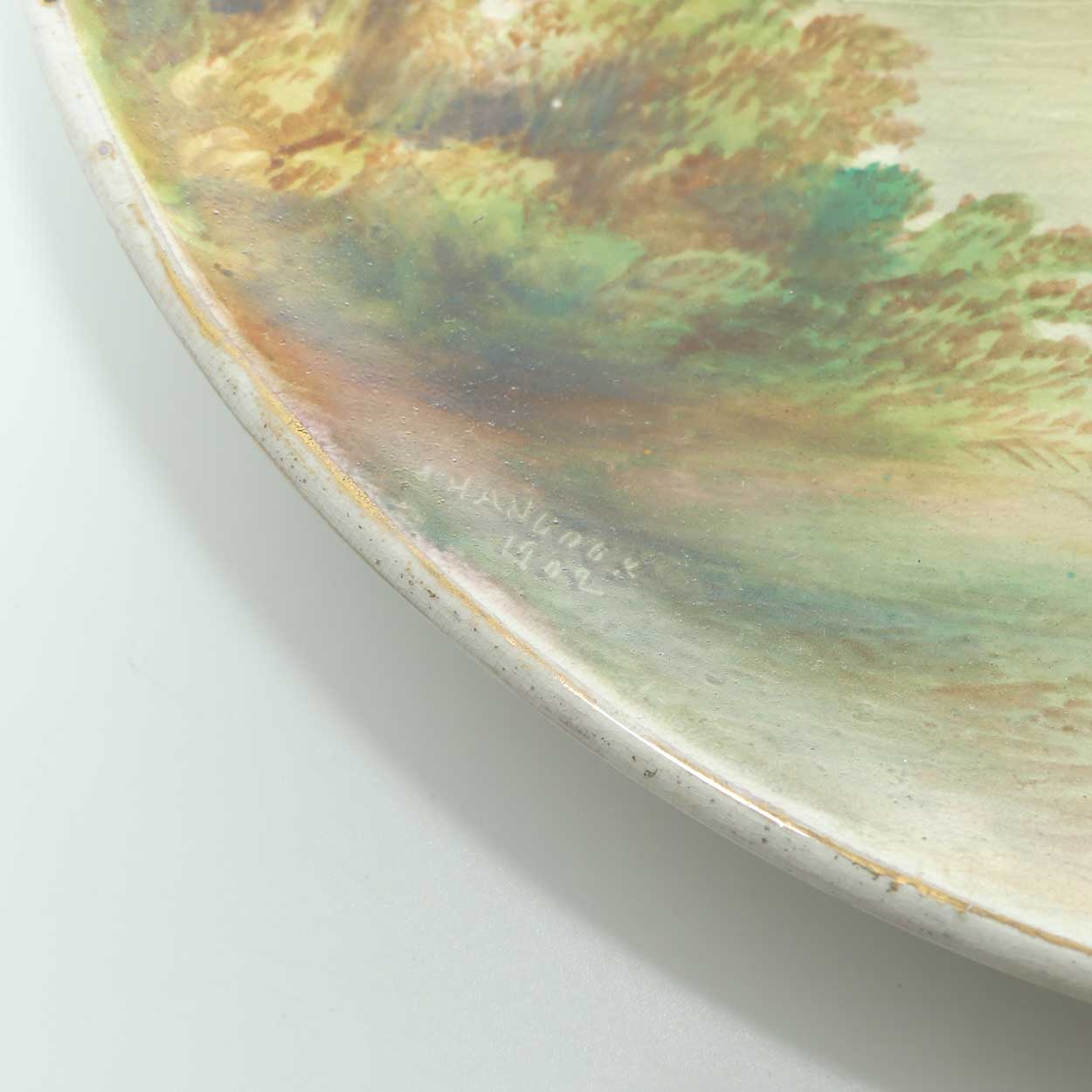 English Staffordshire plaque with hand painted Harewood Castle | Lumby Castle scene signed Henry Harry Sampson Hancock 1902