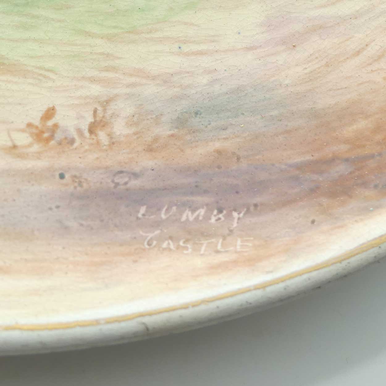 English Staffordshire plaque with hand painted Harewood Castle | Lumby Castle scene signed Henry Harry Sampson Hancock 1902