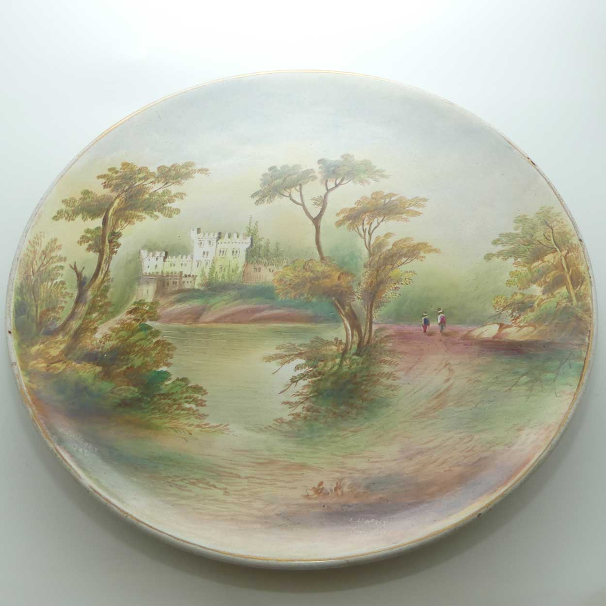 English Staffordshire plaque with hand painted Harewood Castle | Lumby Castle scene signed Henry Harry Sampson Hancock 1902