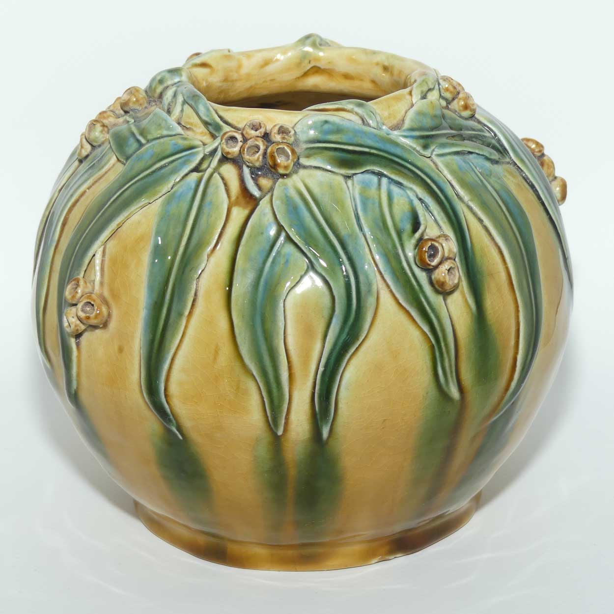 Australian Pottery | Hand Built Gum Nuts and Gum leaves ball vase signed R.W.