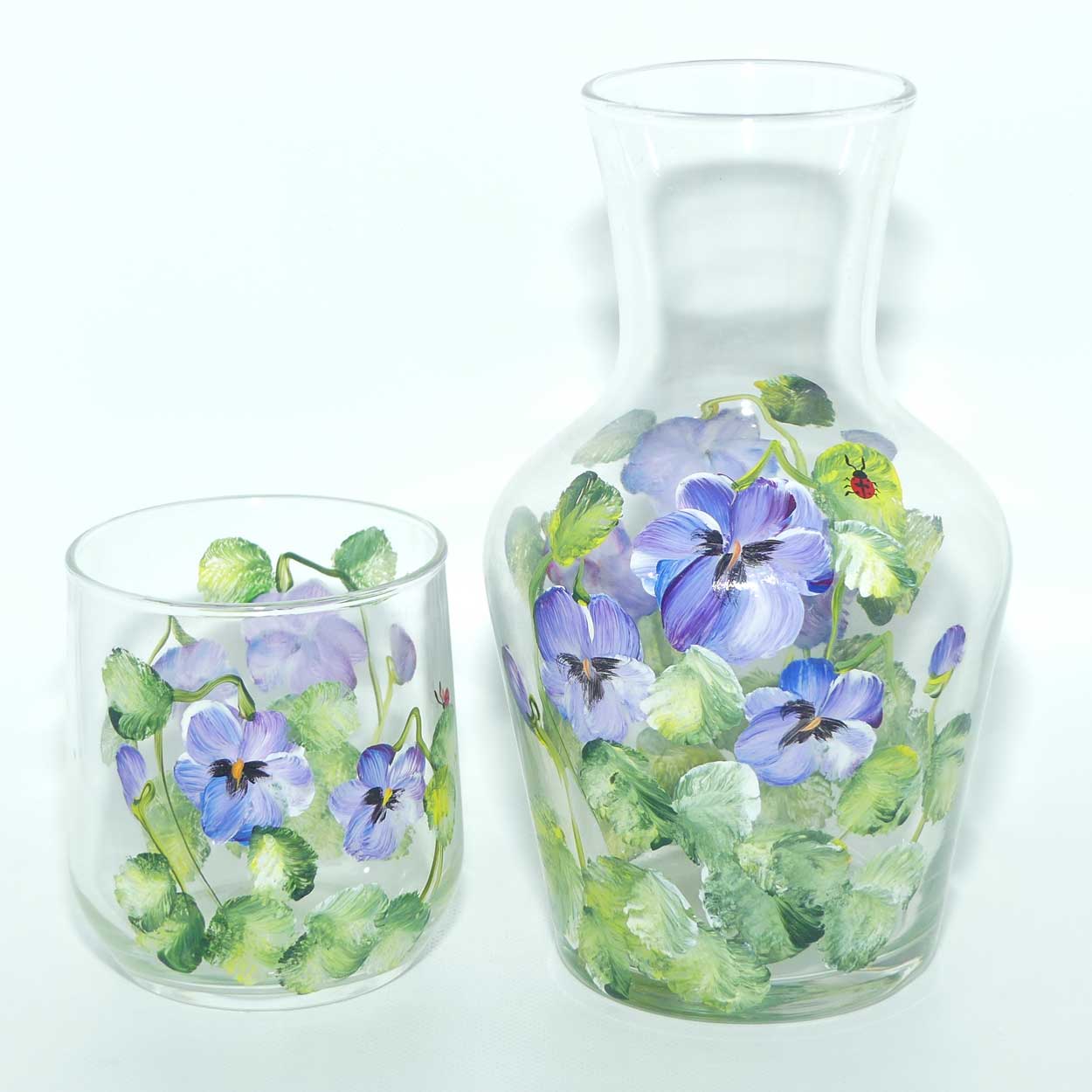 Hand Painted Pansy decoration bedside carafe and tumbler
