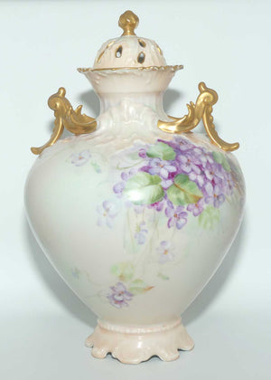 PL Limoges France hand painted twin handle Urn | Violets | signed O.M.D 1918