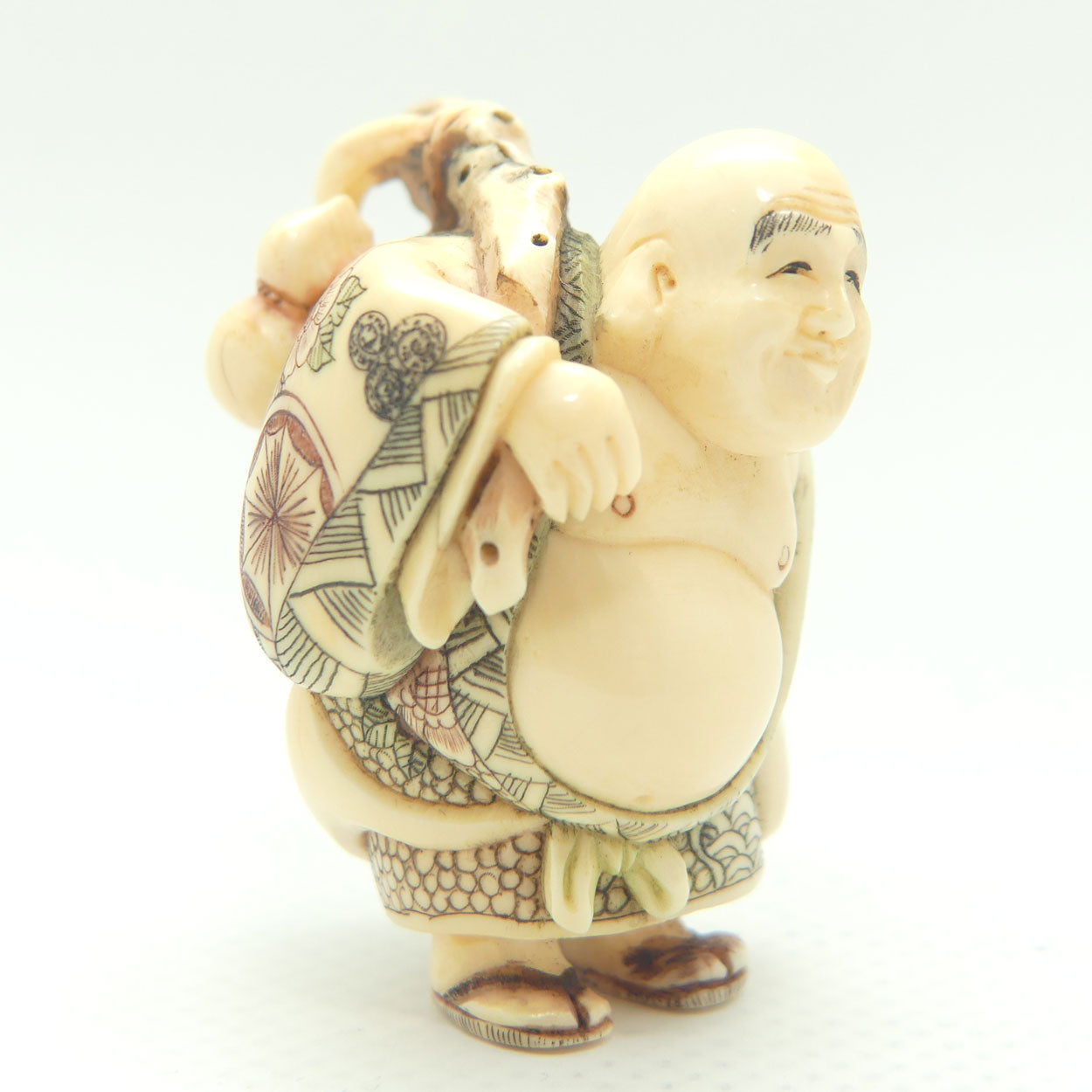 Japanese Carved Ivory Netsuke | Hotei with Sack | signed