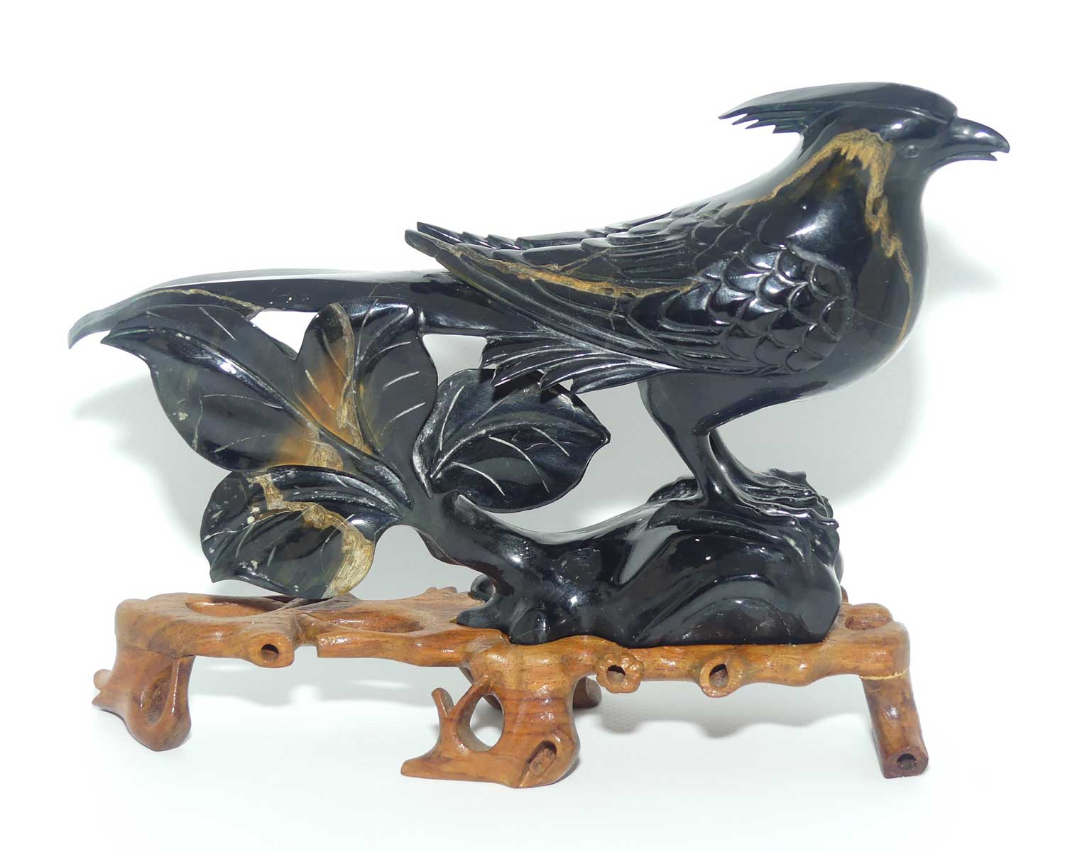 Mid 20th Century Chinese Black Jade Pheasant on wooden stand