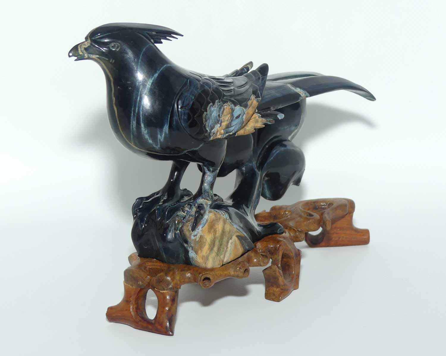 Mid 20th Century Chinese Black Jade Pheasant on wooden stand