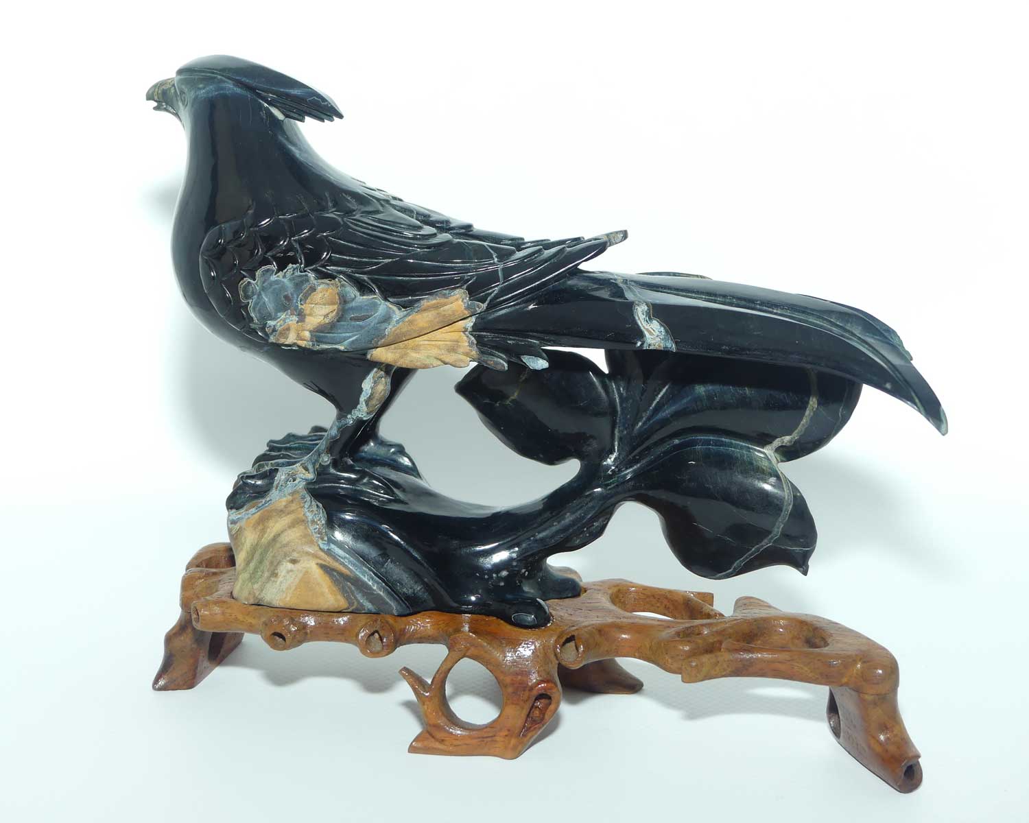 Mid 20th Century Chinese Black Jade Pheasant on wooden stand