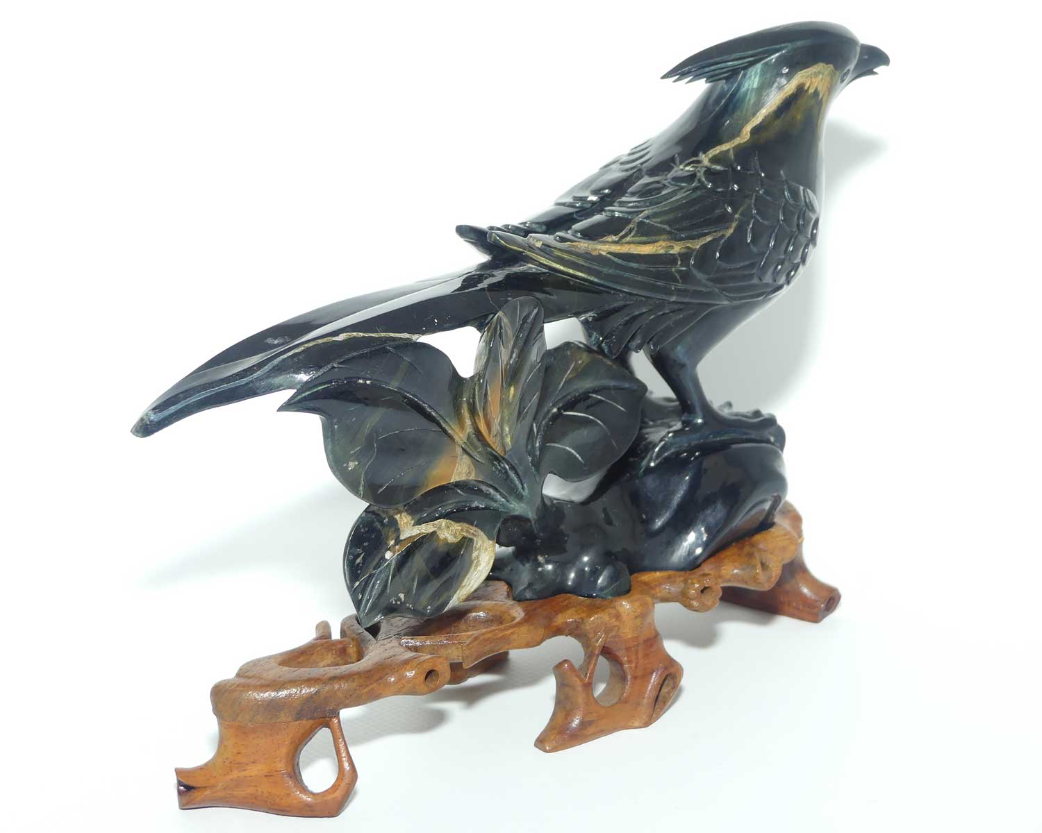 Mid 20th Century Chinese Black Jade Pheasant on wooden stand