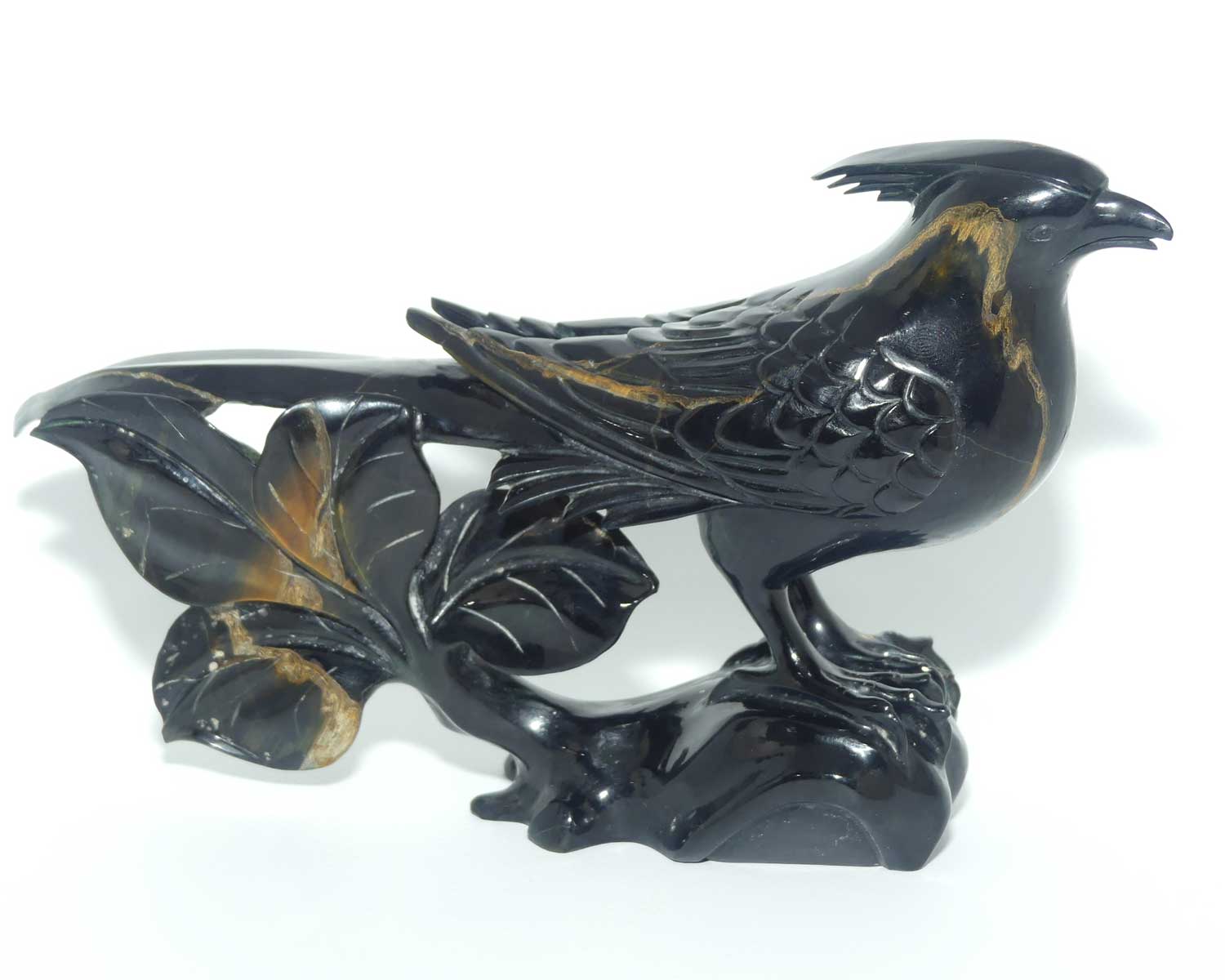 Mid 20th Century Chinese Black Jade Pheasant on wooden stand