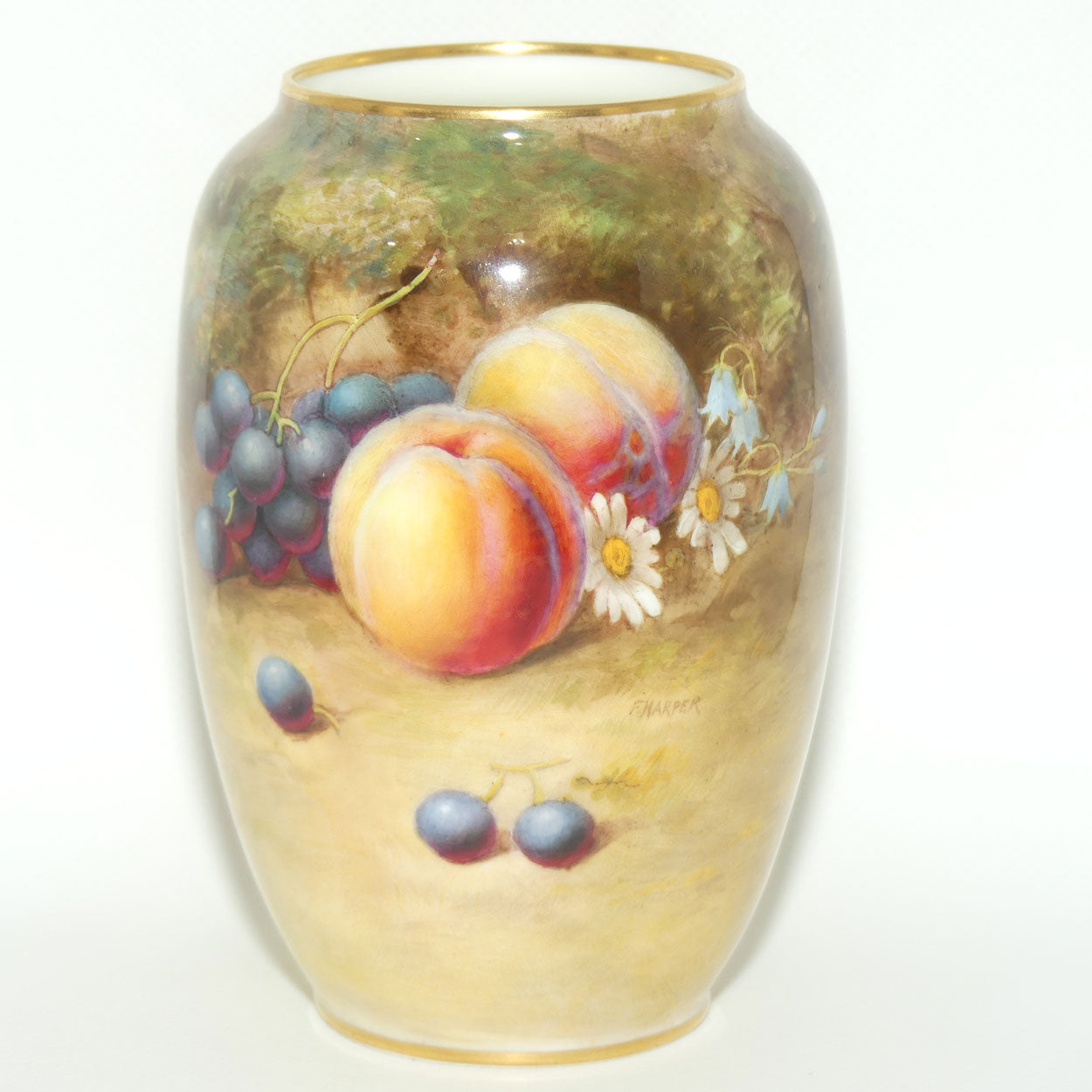 Royal Doulton hand painted and gilt fruit bulbous vase (Harper)
