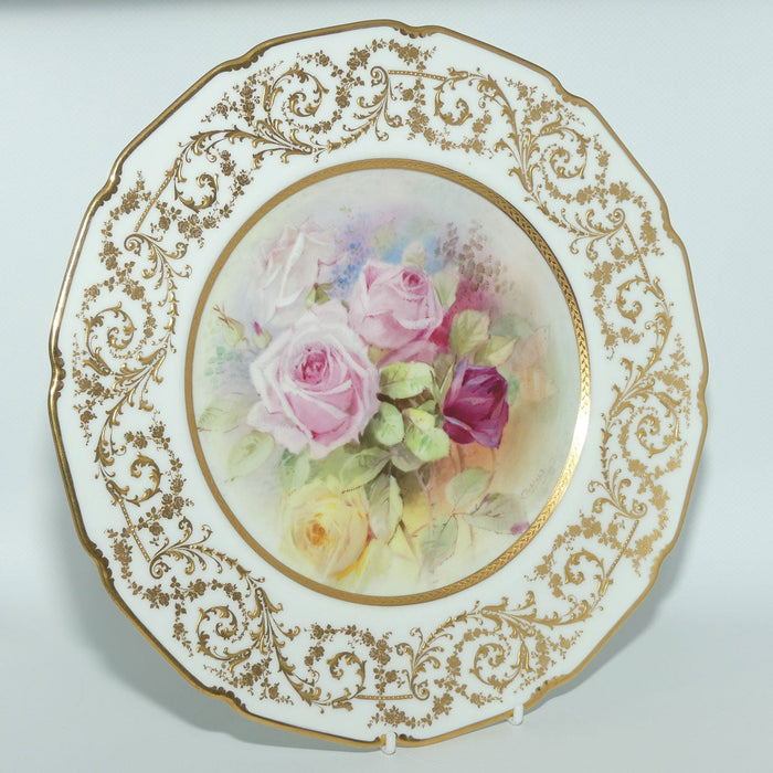 Royal Doulton plate | Hand painted by Charles Hart | Red, Yellow and Pink Roses and superb gilding