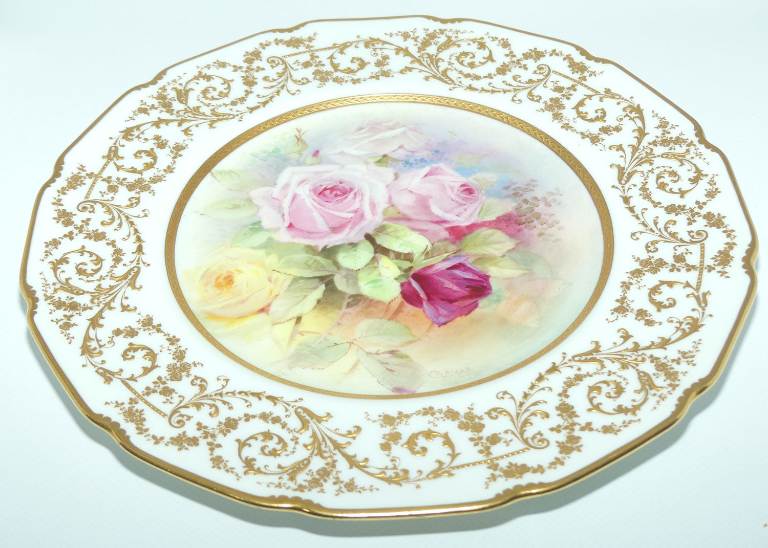 Royal Doulton plate | Hand painted by Charles Hart | Red, Yellow and Pink Roses and superb gilding
