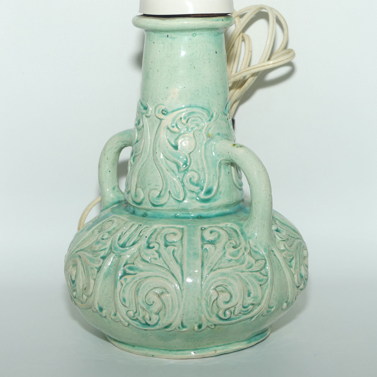 Australian Pottery | Harvey School Queensland twin handle incised decoration Celadon glaze lamp | signed Frances Witt