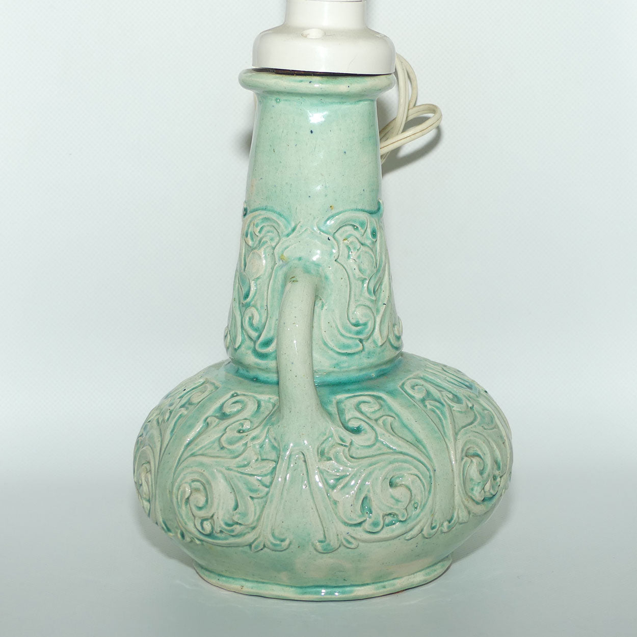 Australian Pottery | Harvey School Queensland twin handle incised decoration Celadon glaze lamp | signed Frances Witt