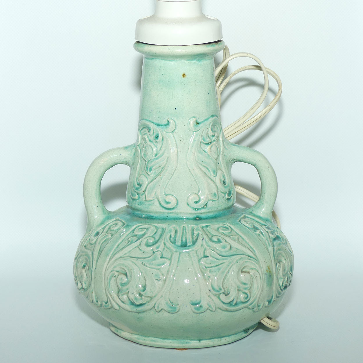 Australian Pottery | Harvey School Queensland twin handle incised decoration Celadon glaze lamp | signed Frances Witt