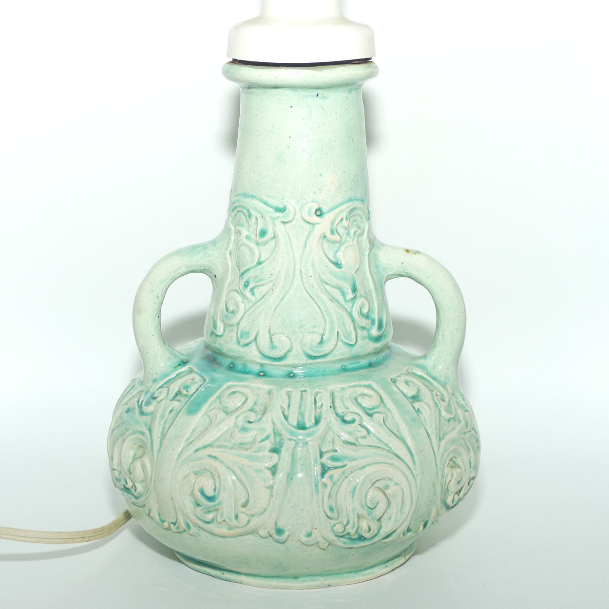 Australian Pottery | Harvey School Queensland twin handle incised decoration Celadon glaze lamp | signed Frances Witt