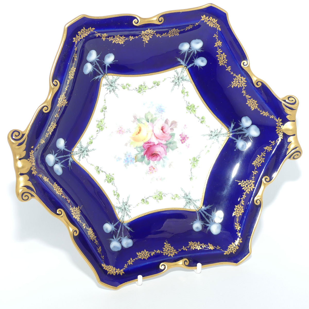 Royal Crown Derby Floral Decor and Rich Blue and Gilt hexagonal handled server | #1 | Pattern 6642 | c.1902