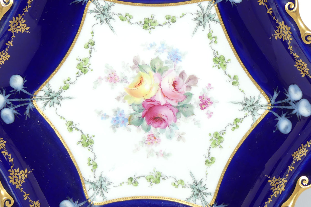 Royal Crown Derby Floral Decor and Rich Blue and Gilt hexagonal handled server | #1 | Pattern 6642 | c.1902